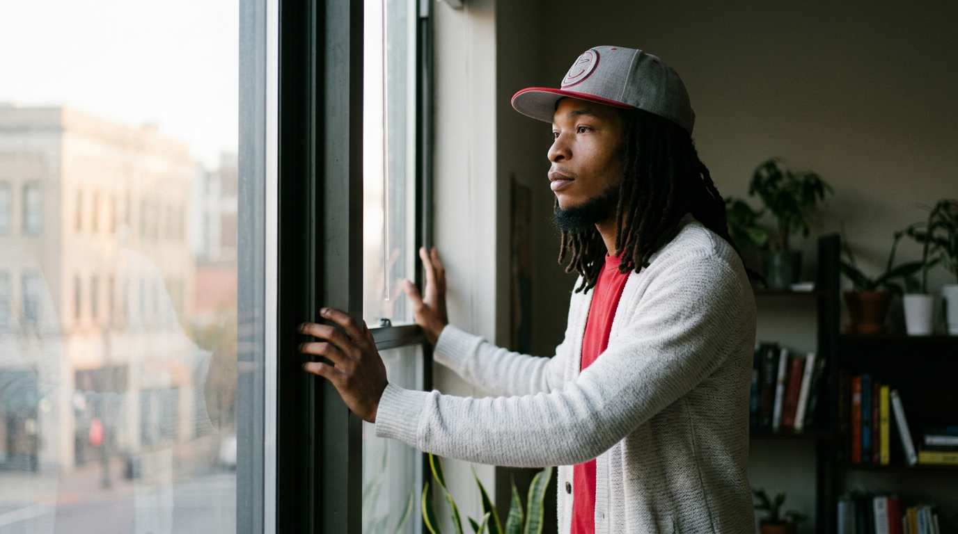 A person at a window looking out, not stuck, not dramatic, but at the edge of a reckoning
