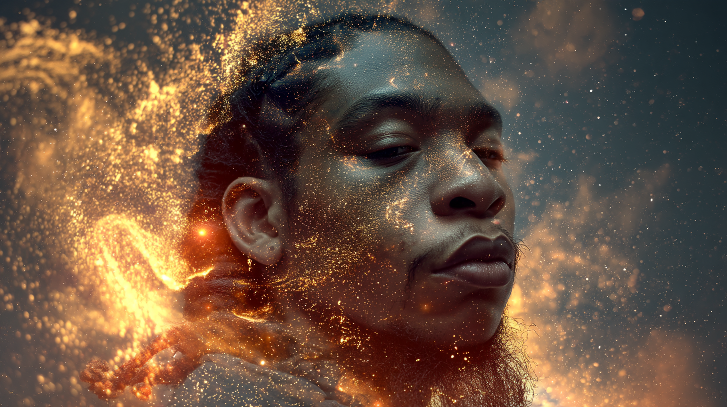 Double-exposure portrait of a contemplative Black man with closed eyes, his face dissolving into a swirling burst of golden embers and cosmic light against a deep blue-gray sky; evoking inner fire, spiritual depth, and the quiet power of self-possession.