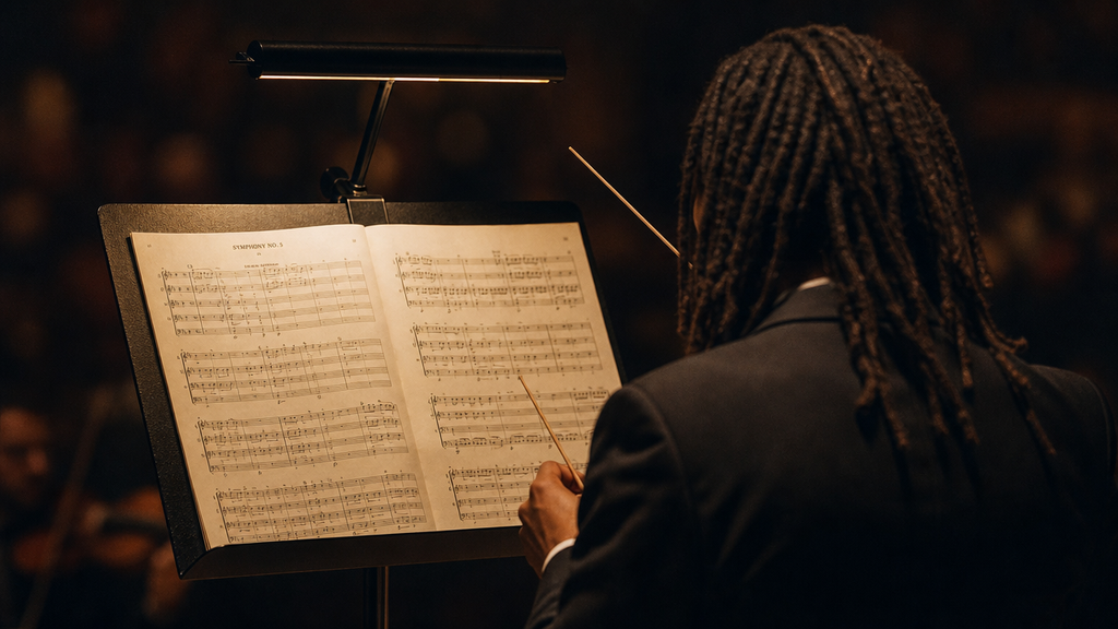 A conductor's perspective, a score and multiple elements in view, arranged with intention