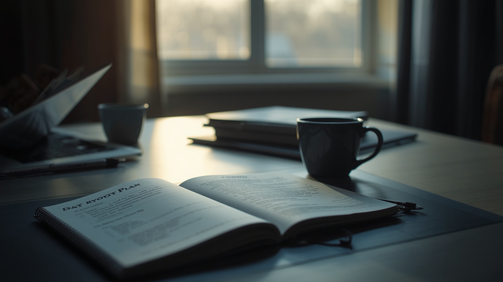 A morning desk setup, notebook, coffee, clear of distraction, before the workday begins