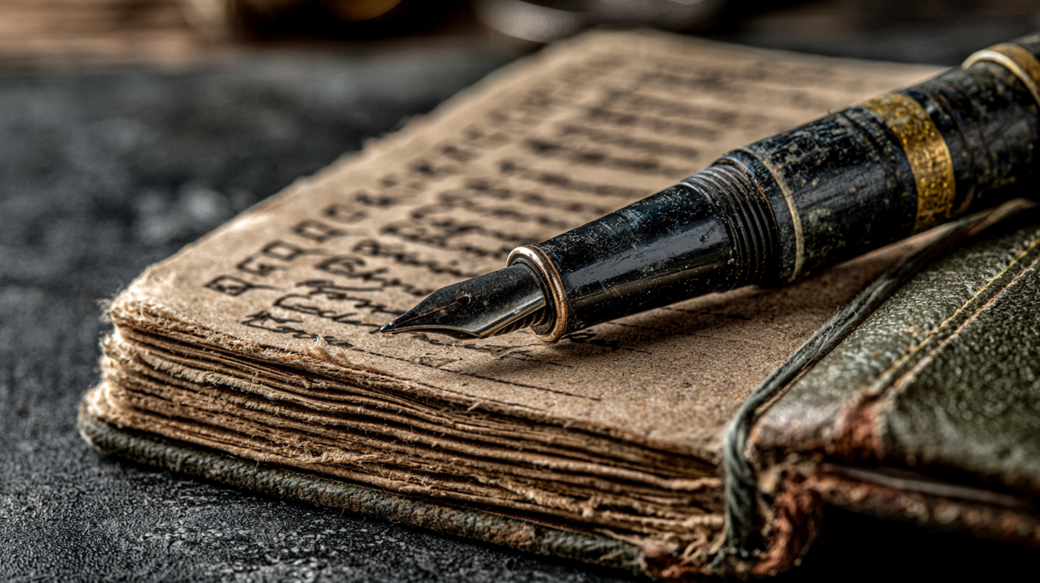 A weathered journal with visible handwritten script lies open on a dark slate surface, a vintage black and gold fountain pen resting diagonally across its frayed pages.