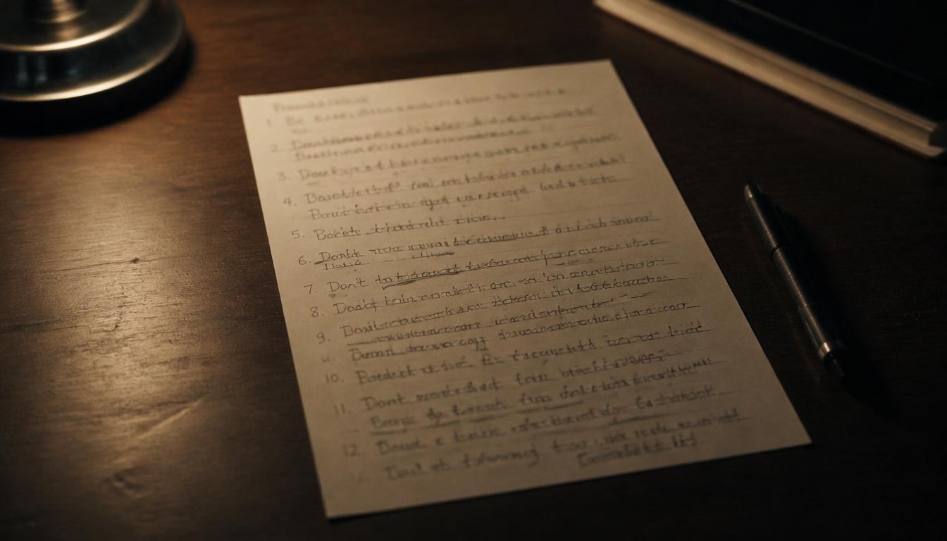A single page with handwritten personal principles, numbered, deliberate, not a motivational poster