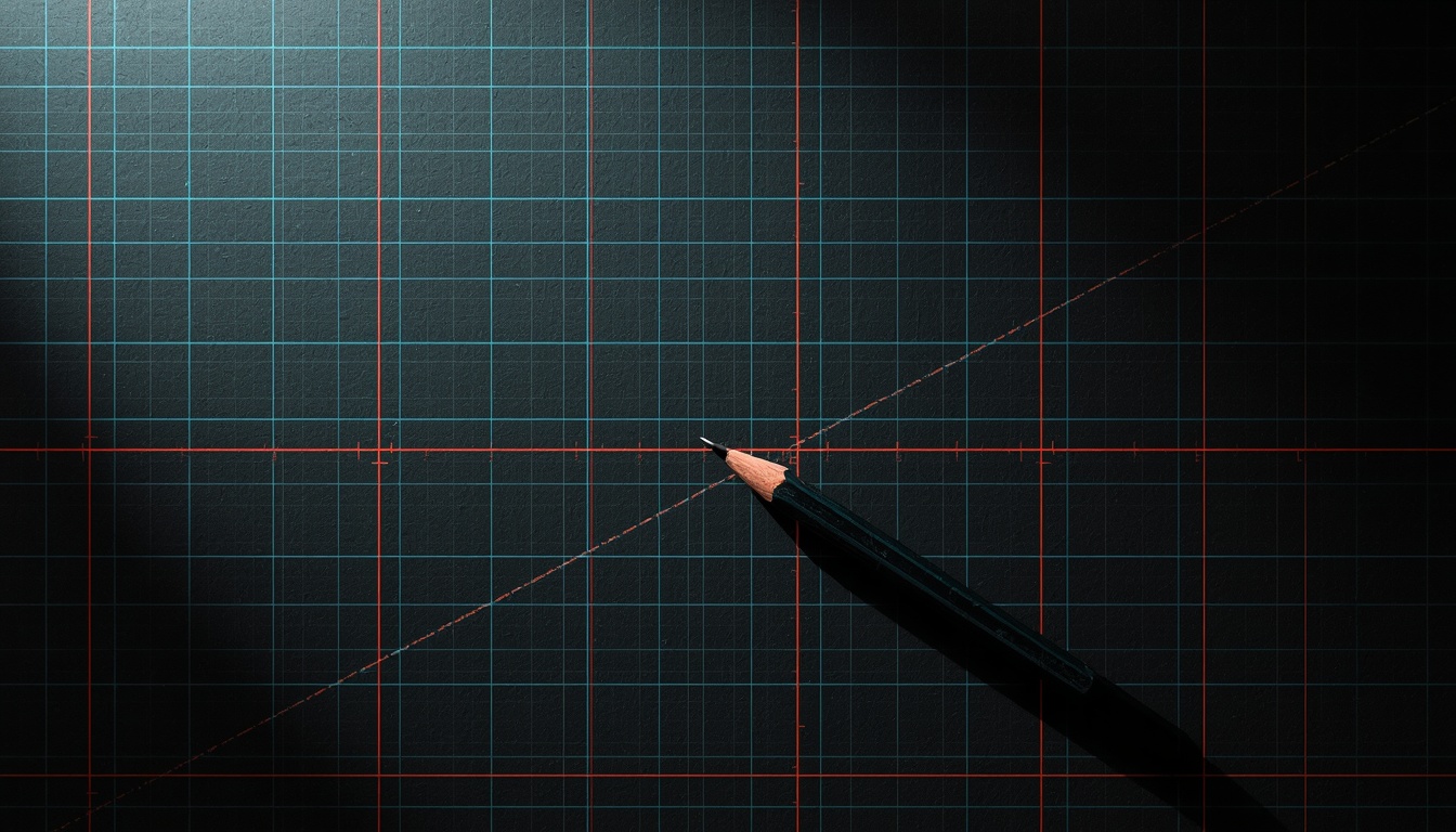A pencil, laying on a grid diagram; flame red and teal grid lines.